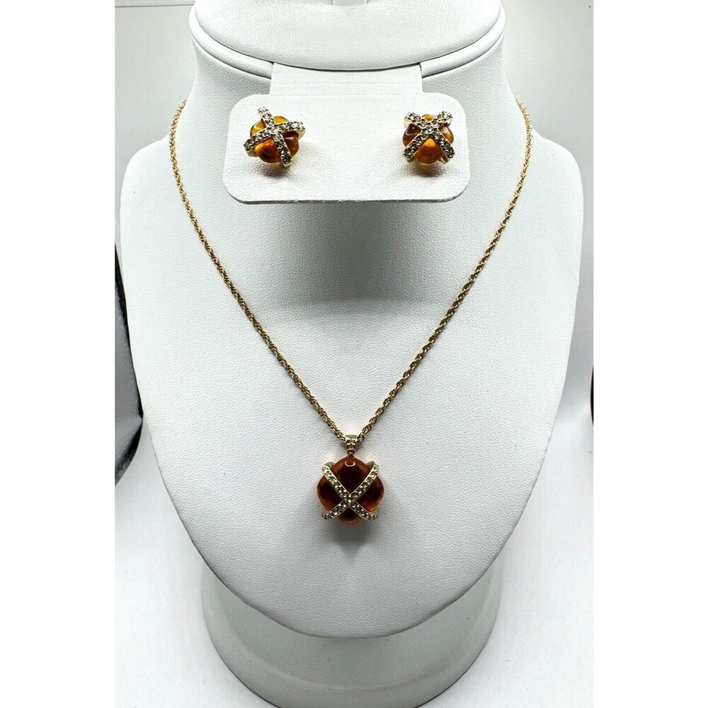 SAQ Amber Glass Pendant Necklace Earrings Set Vintage Signed 16-20”